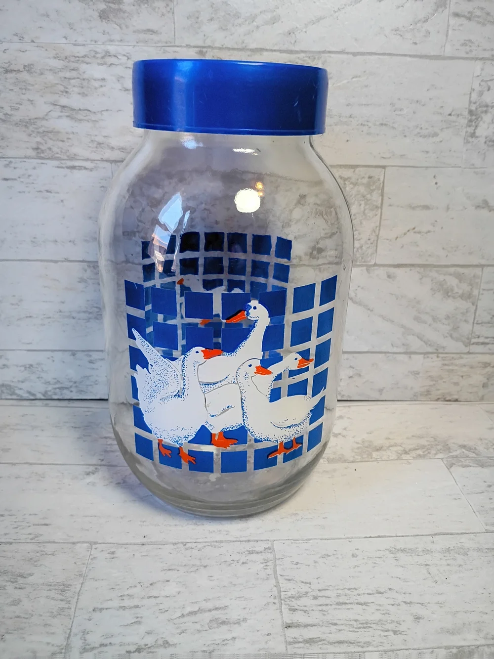 Vintage Country Geese Glass Jar with Blue Lid Carlton Glass Cottagecore- 3L